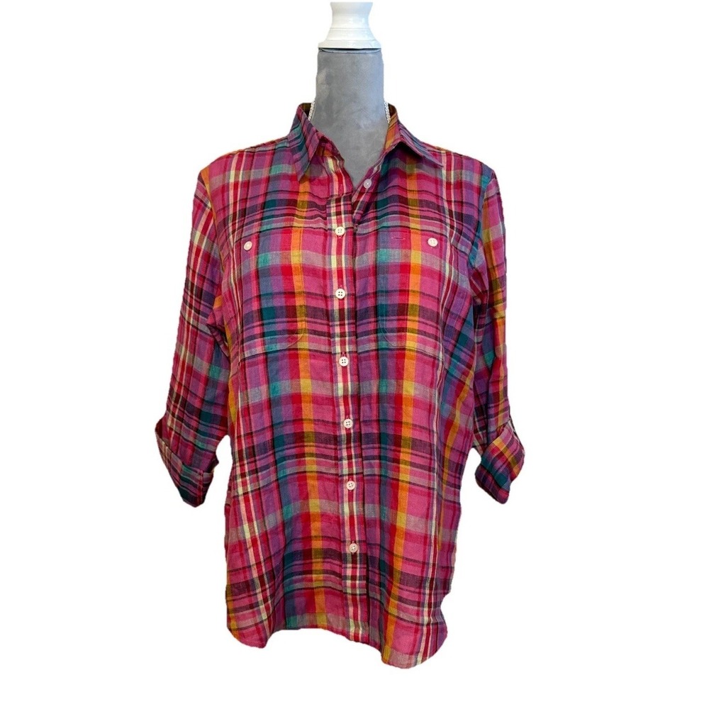 Lauren Ralph Lauren Women's Linen Plaid Preppy Quiet Luxury Old Money Top Sz LG
